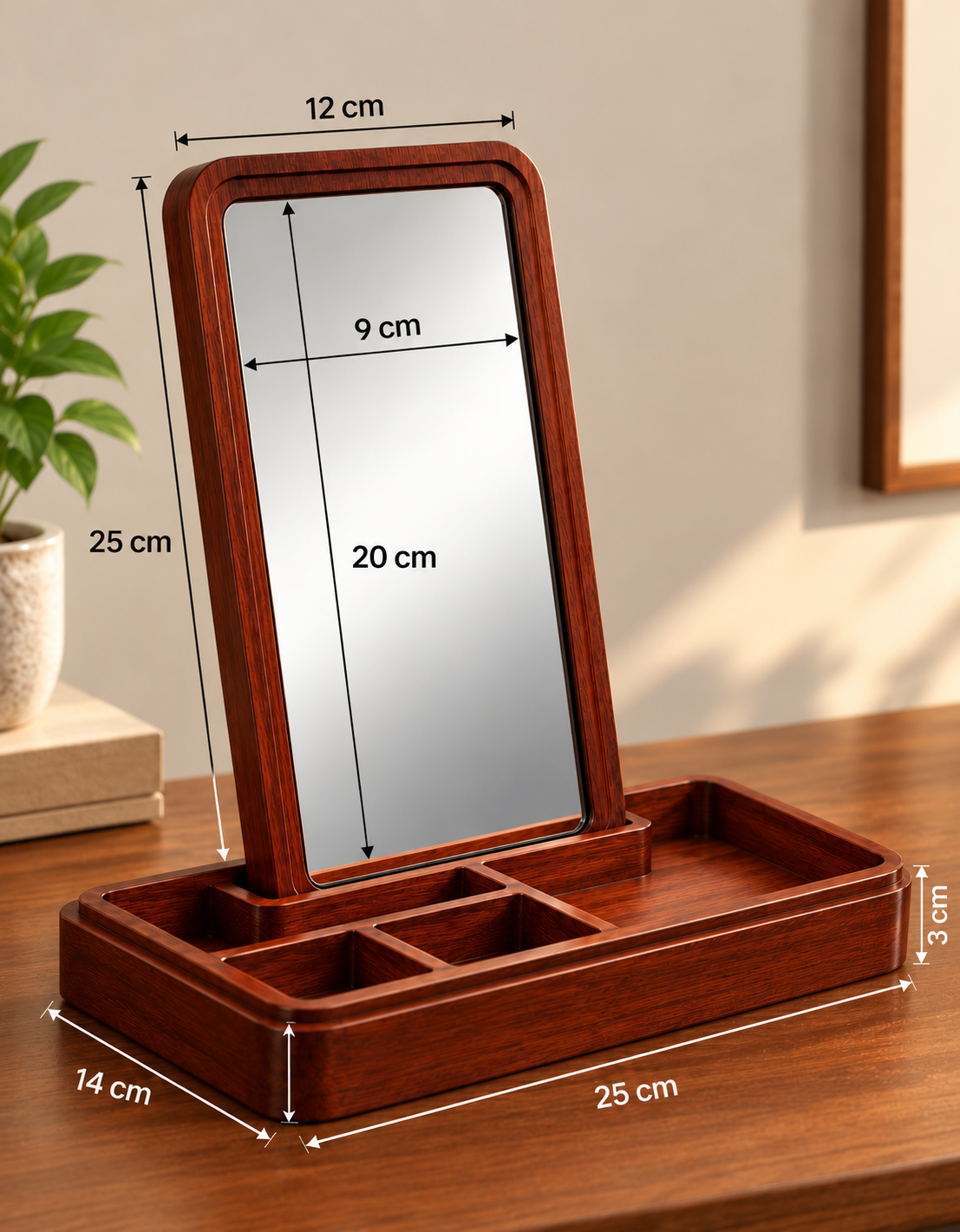 Mahogany Finish Wooden Jewellery Organizer with Mirror