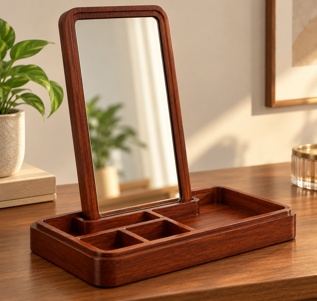 Mahogany Finish Wooden Jewellery Organizer with Mirror