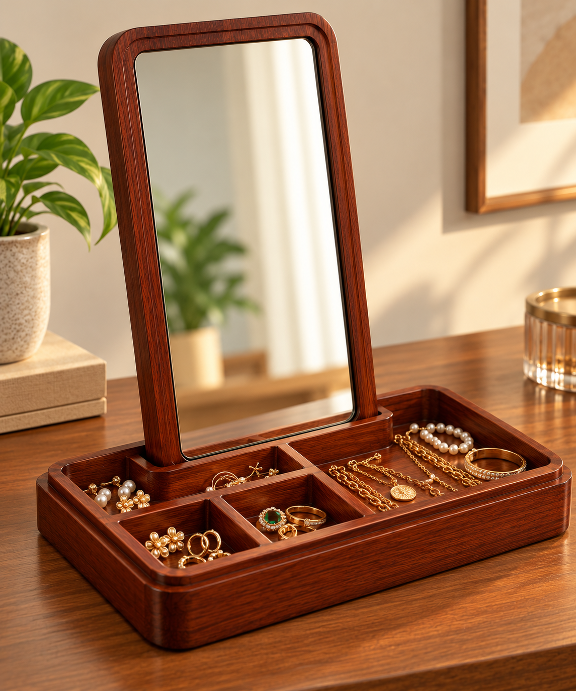 Mahogany Finish Wooden Jewellery Organizer with Mirror