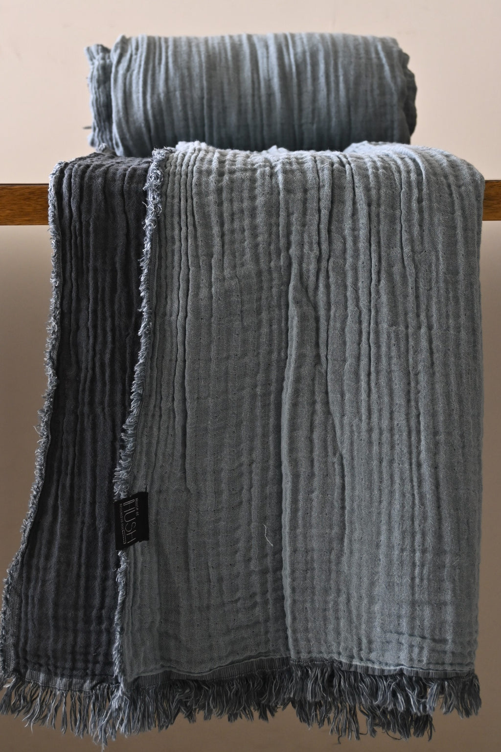 Light Blue-Grey & Anthracite Crinkled Cotton Throw Blanket