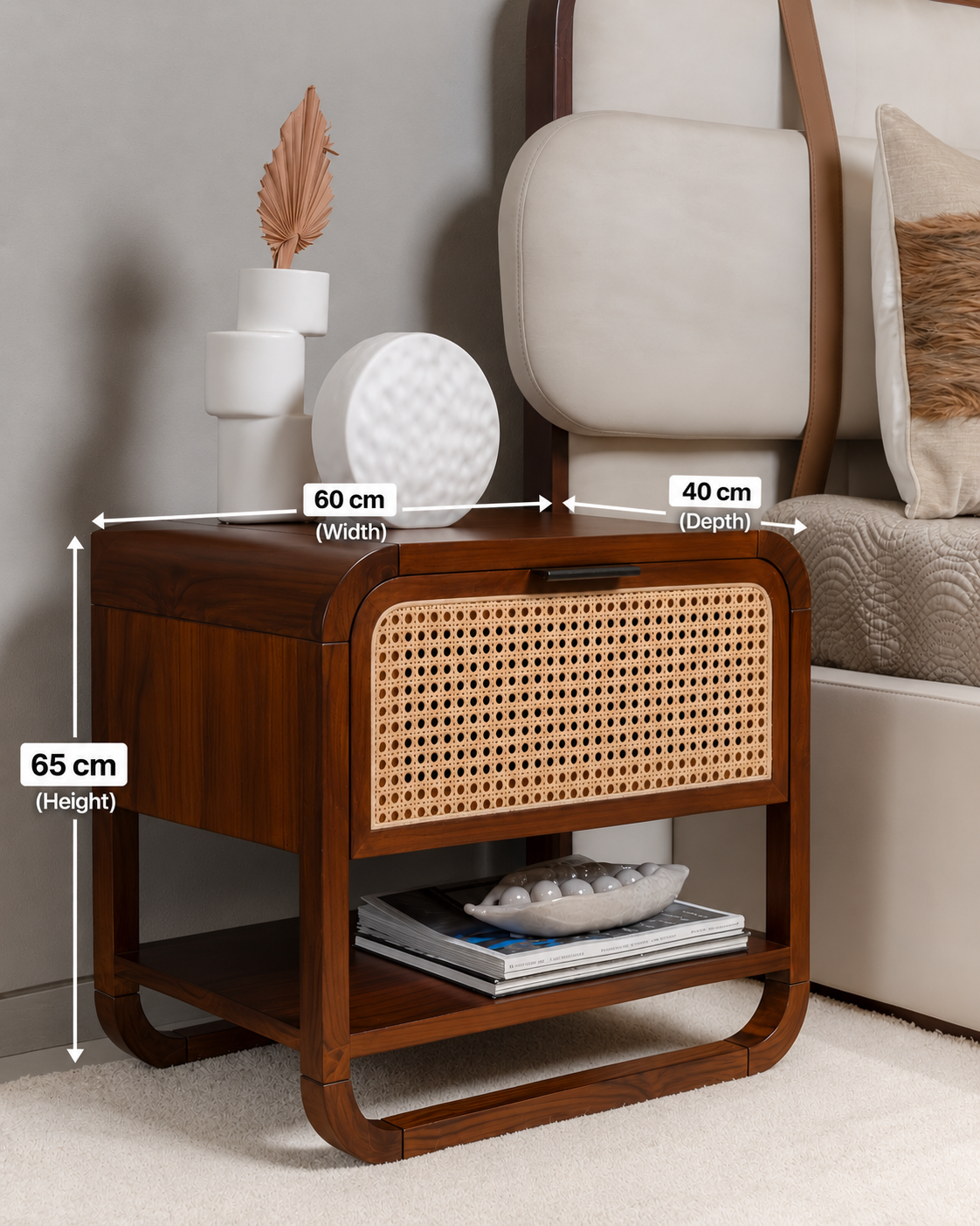 Solid Wood Bedside Table with Cane Detailing
