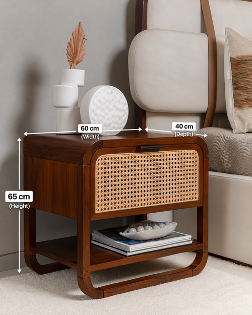Solid Wood Bedside Table with Cane Detailing